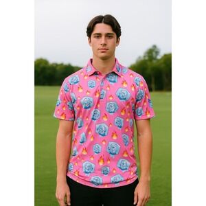 Snowman Golf Mens Polo‎ Shirt Small Pink Yeti Ice Cube Fire Graphic Streetwear
